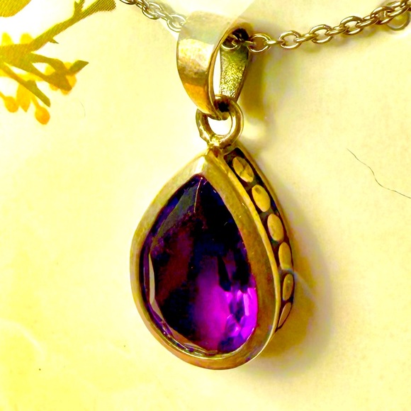 Sterling silver deep Purple Faceted Amethyst Teardrop Pendant Necklace delicate - Picture 1 of 13